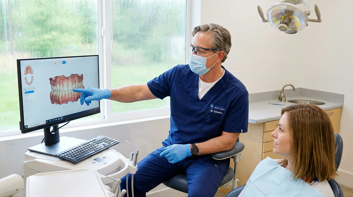 Dr. B. Patrick Schaefer, wearing blue scrubs, a face mask, and glasses, points to a 3D dental model on a computer screen while seated next to a patient with a light blue bib in a bright dental office with a window.