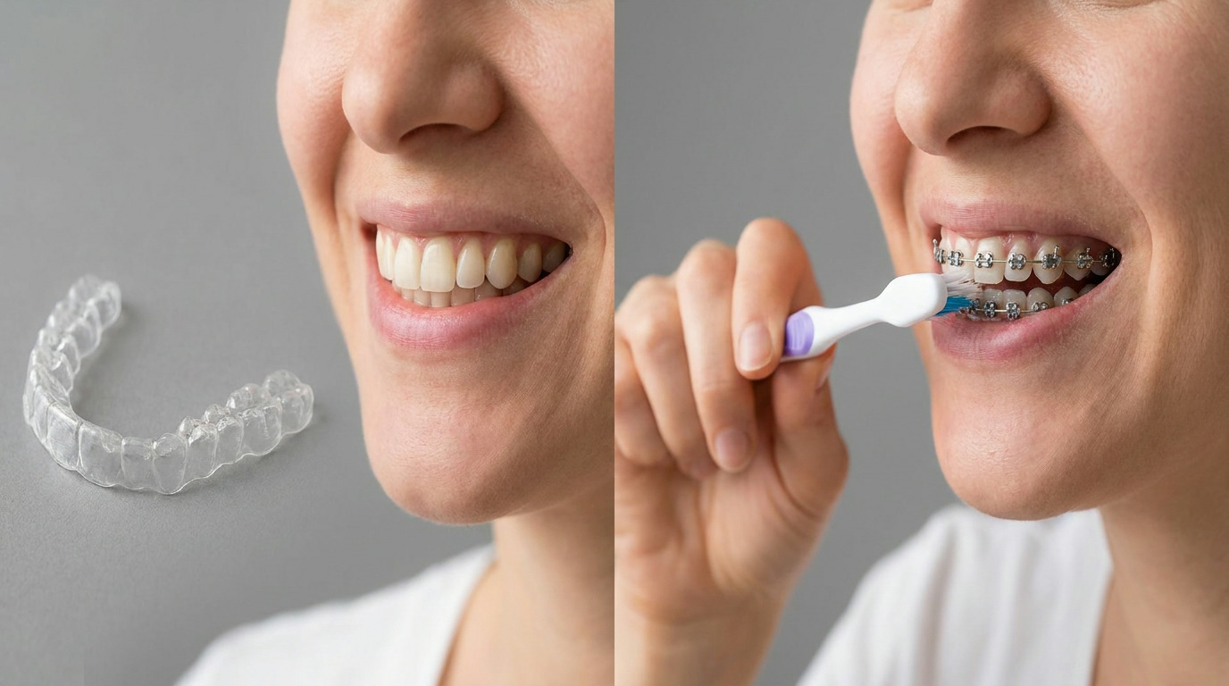 A split image shows a clear aligner next to a smiling mouth with natural teeth, and another smiling mouth with metal braces being brushed.