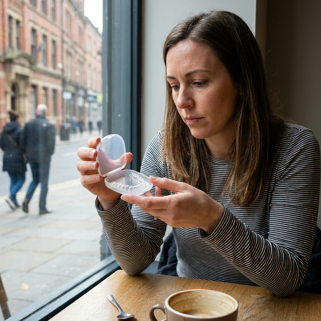 Hailey sits at a cafe window, looking at a clear dental aligner in an open case, wearing a striped long-sleeve shirt, with a coffee cup and spoon on the wooden table.