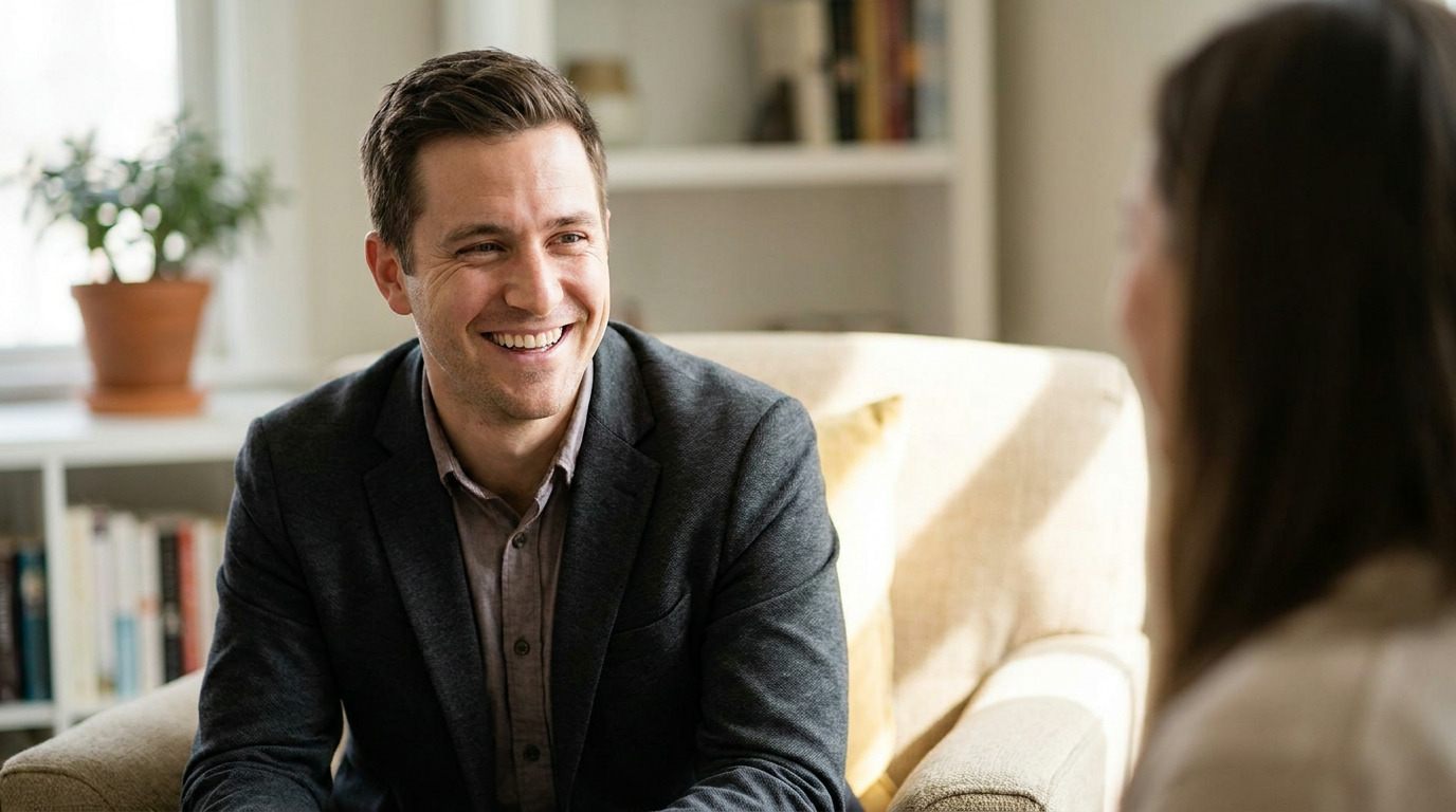 Benjamin, smiles broadly while looking towards an out-of-focus person on the right, wearing a charcoal blazer and a collared shirt, seated in a beige chair in a room with a plant and bookshelves.