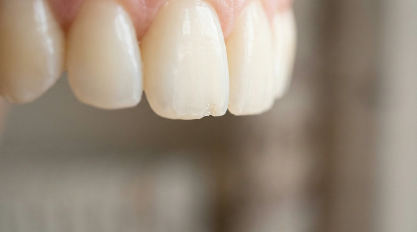 Close-up of several upper front teeth, with one tooth showing a small chip on its bottom edge.