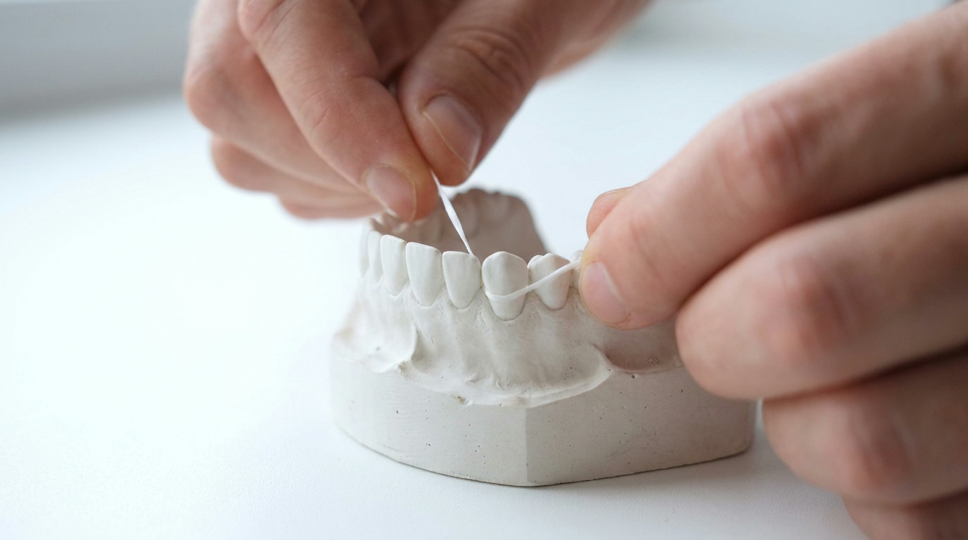 Two hands hold a piece of white dental floss, demonstrating flossing on a white dental model of lower teeth, set against a blurred white background.