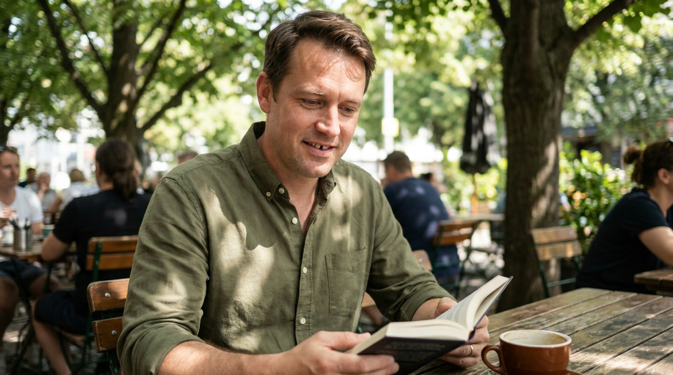 Mark, wearing an olive button-down shirt, sits at an outdoor cafe table, smiling faintly as he reads a book, with a brown coffee cup nearby. Other people are blurred in the background under dappled sunlight filtering through trees.