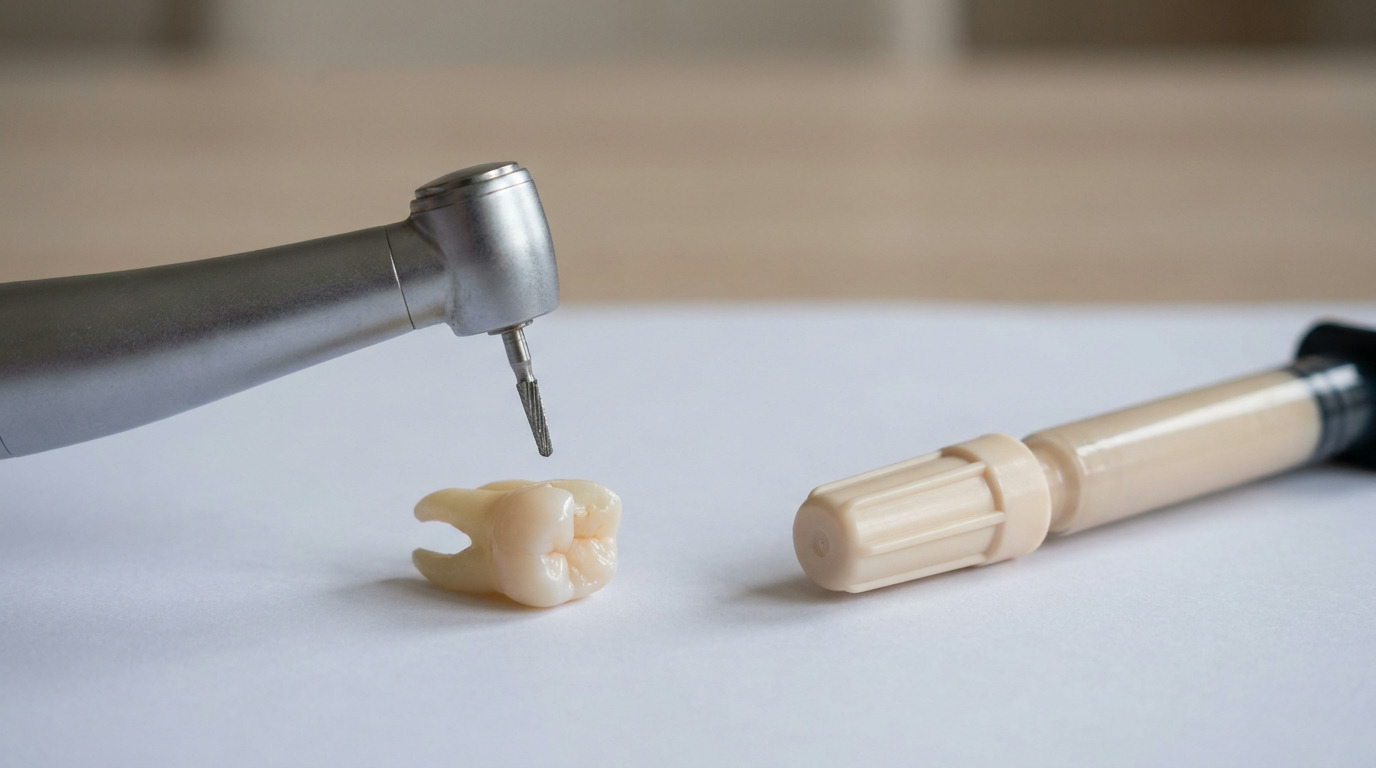 A silver dental handpiece with a drill bit hovers over a single tooth, with a beige composite resin syringe lying nearby on a white surface.