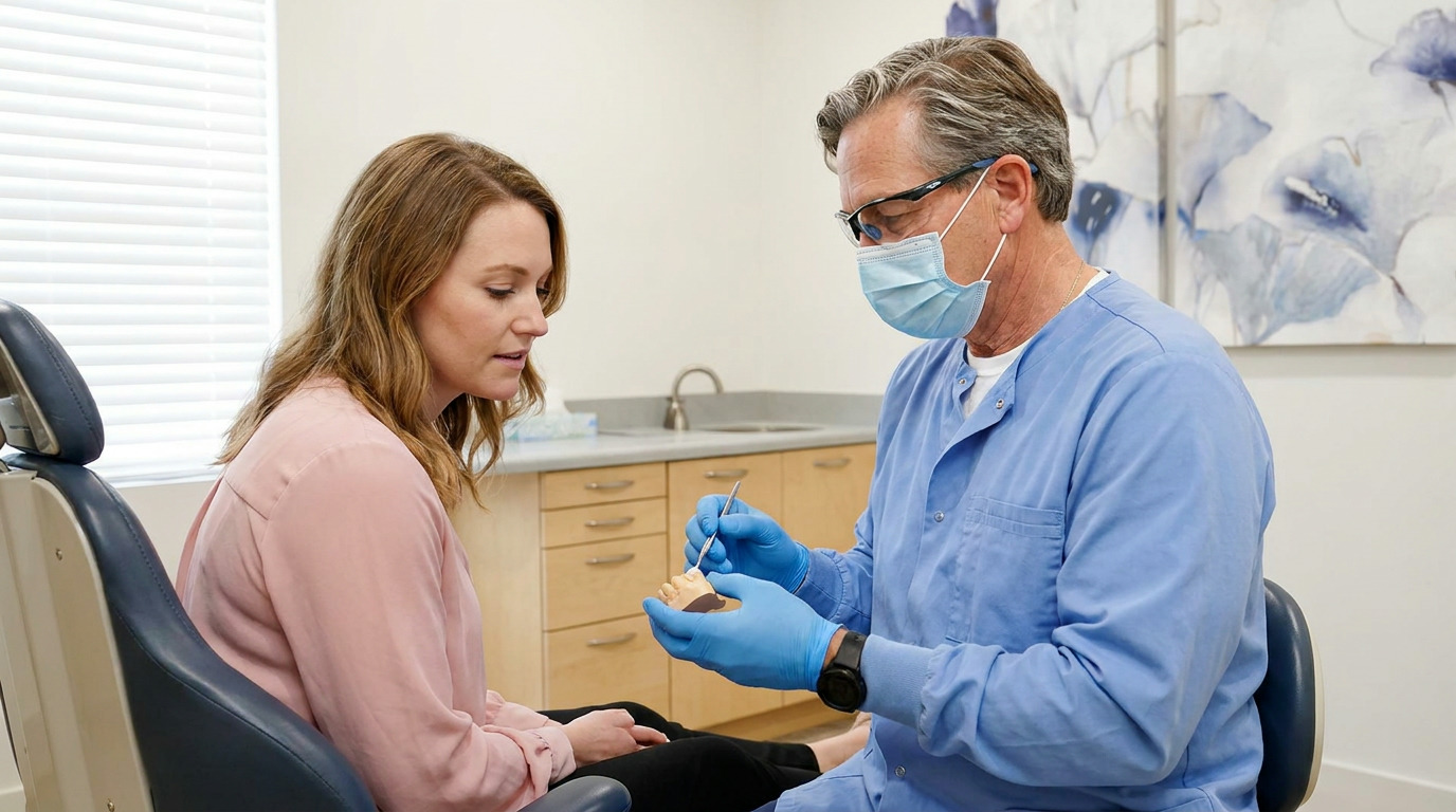Brooke sits in a dental chair, watching Dr. Schaefer, in a blue scrub top and mask, demonstrate on a dental model with an instrument in a modern operatory.