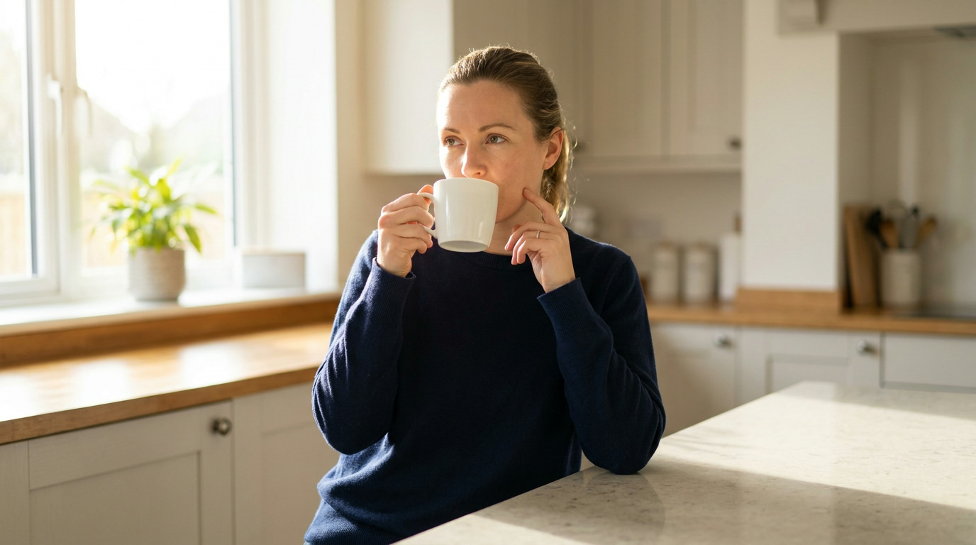Kayla, wearing a navy sweater, sits at a kitchen island, sipping from a white mug while touching her chin, with bright light streaming through a window behind her.