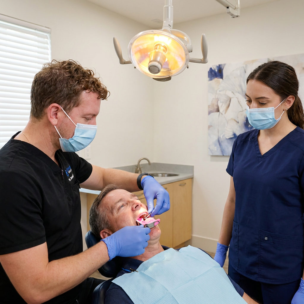 Schaefer Dental Group dentists take dental impressions for a patient in Brighton, MI using a tray and alginate material.