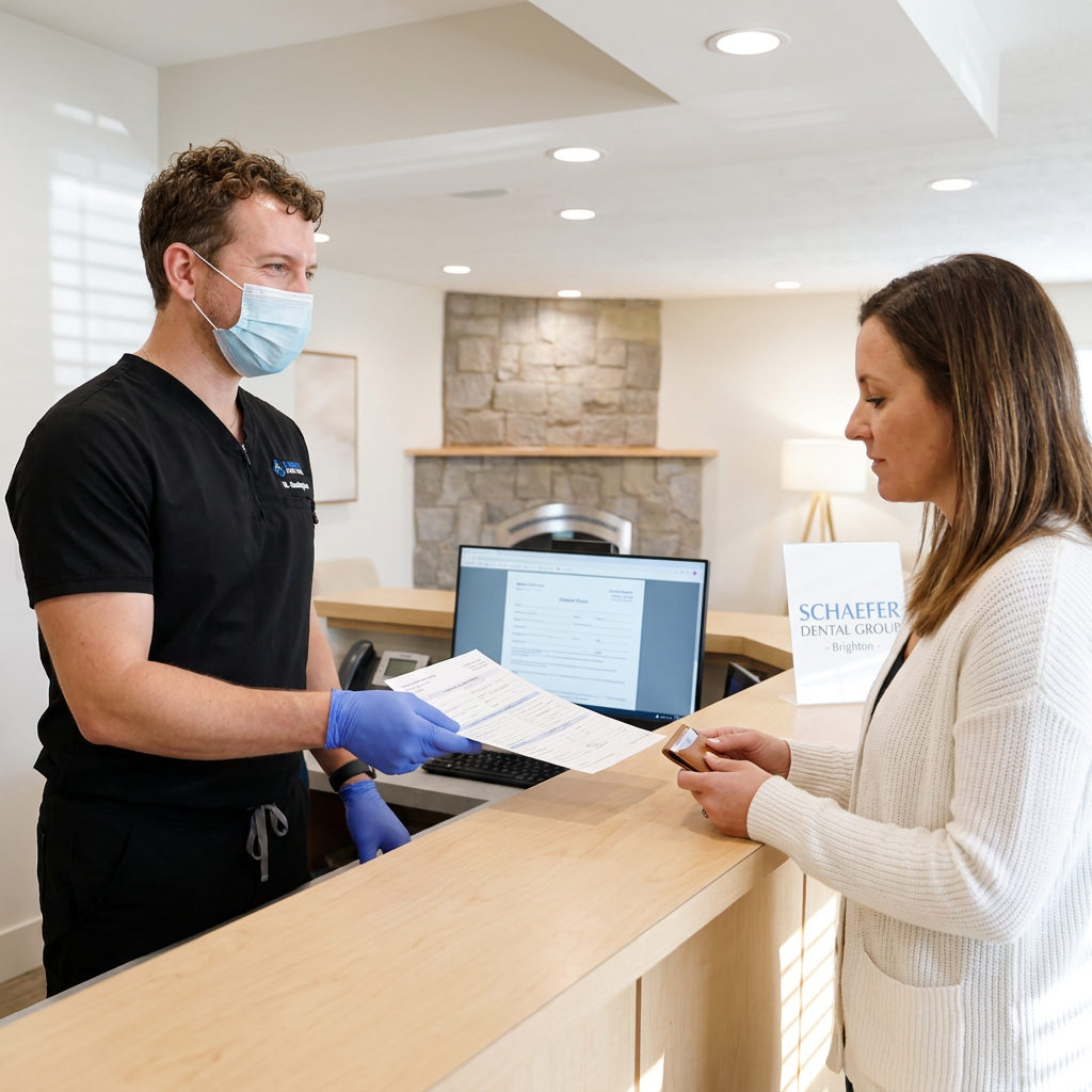 A dentist hands insurance paperwork to a patient at the Schaefer Dental Group reception desk in Brighton.
