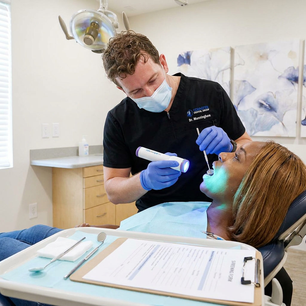 A dentist at Schaefer Dental Group in Brighton uses a blue VELscope light to perform an oral cancer screening for a patient.