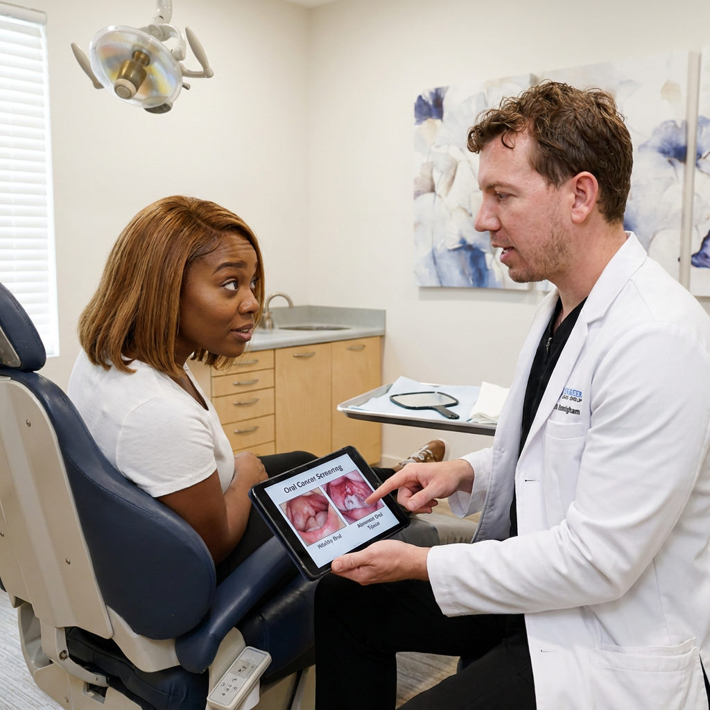 A Schaefer Dental Group dentist in Brighton shows a patient screening photos on a tablet to discuss oral health.