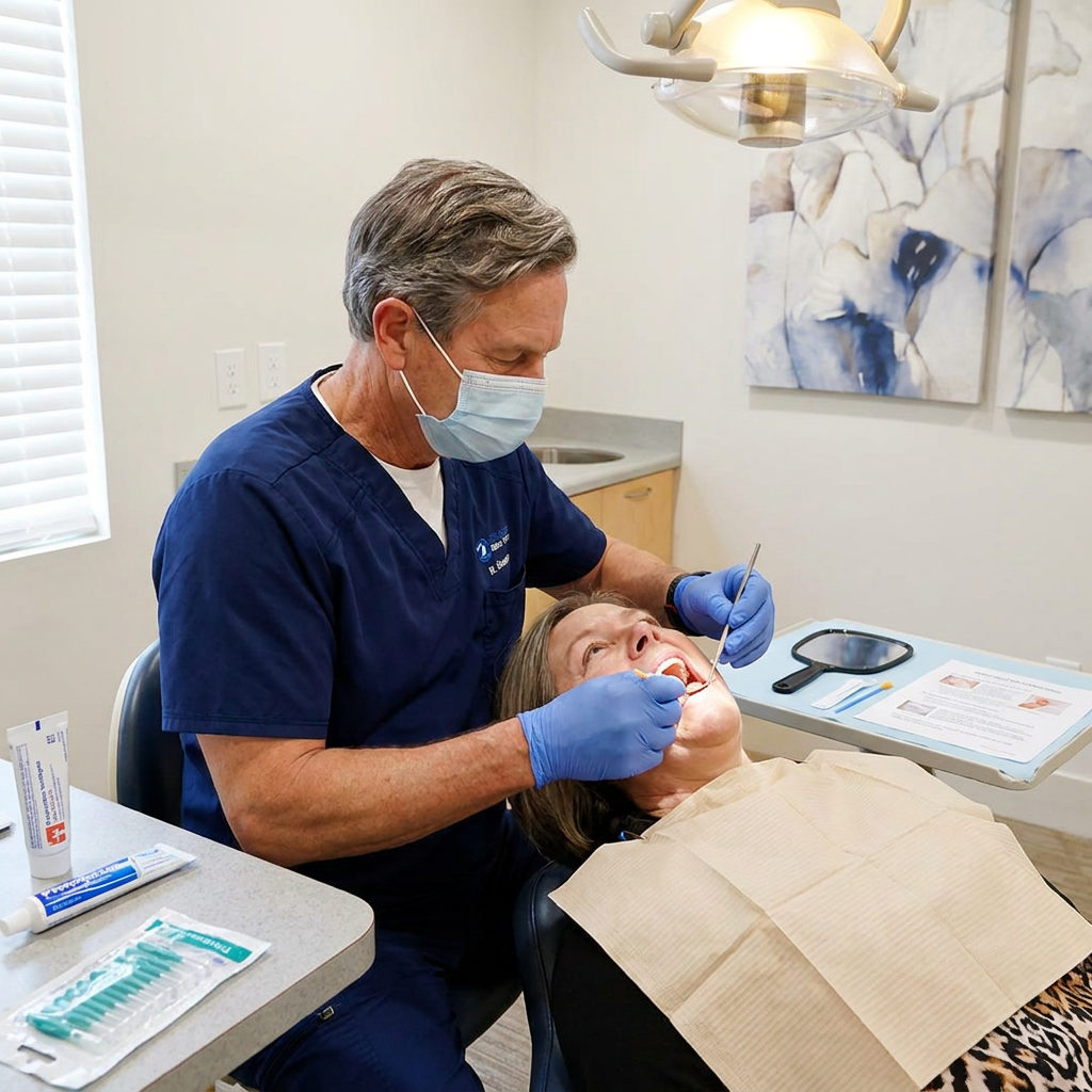 A Schaefer Dental Group dentist applies fluoride to a patients gum line during a preventive visit in Brighton, MI.
