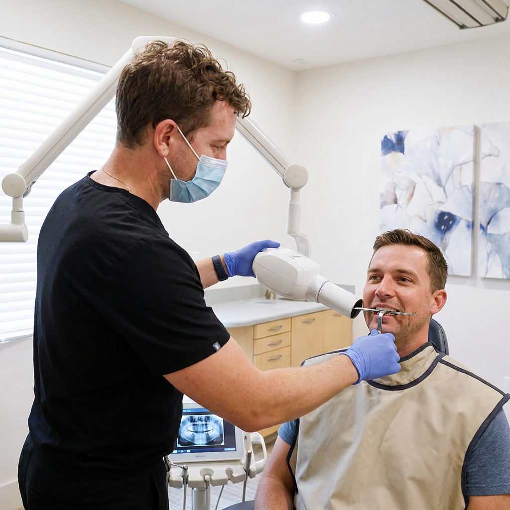 A dentist at Schaefer Dental Group positions an X-ray device for a patient wearing a protective shield in Brighton, MI.