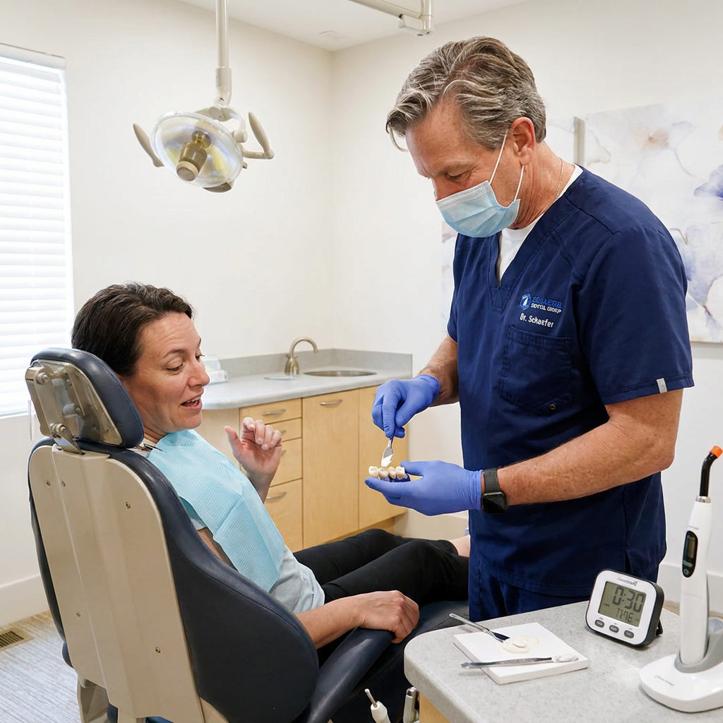 A dentist at Schaefer Dental Group in Brighton applies cement to a bridge while a patient watches from the dental chair.