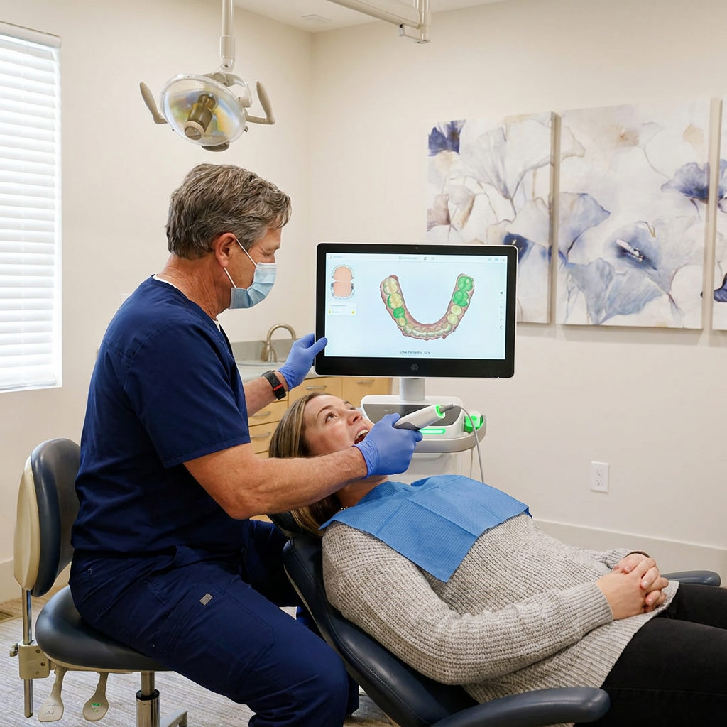 A dentist at Schaefer Dental Group in Brighton uses an intraoral scanner to create a 3D digital model of a patient's teeth.