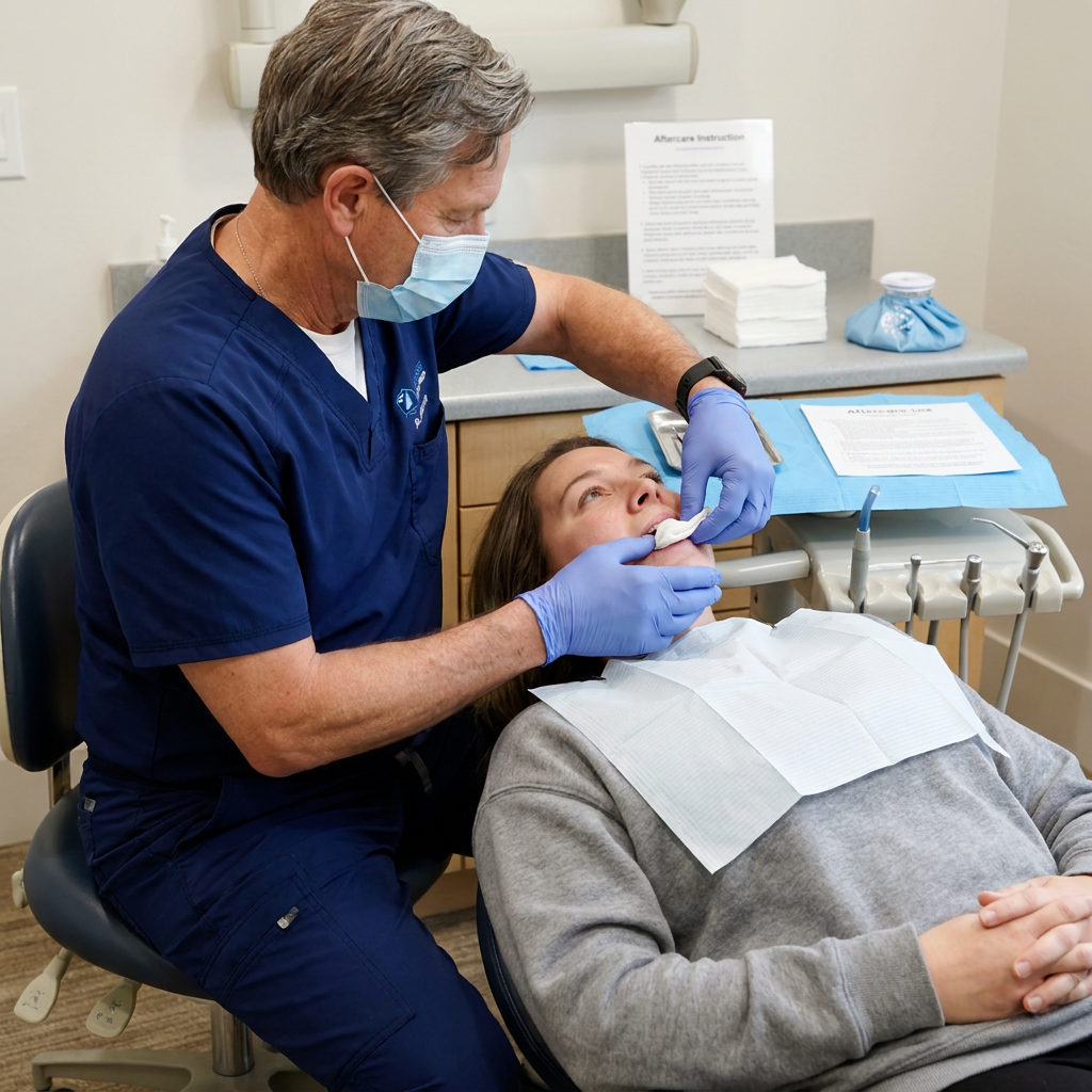 A Schaefer Dental Group dentist in Brighton, MI, guides a patient to bite on clean gauze after a tooth extraction.