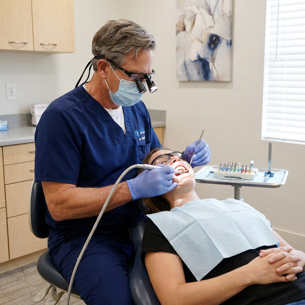 A Schaefer Dental Group dentist in Brighton uses loupes and a handpiece for conservative veneer preparation.