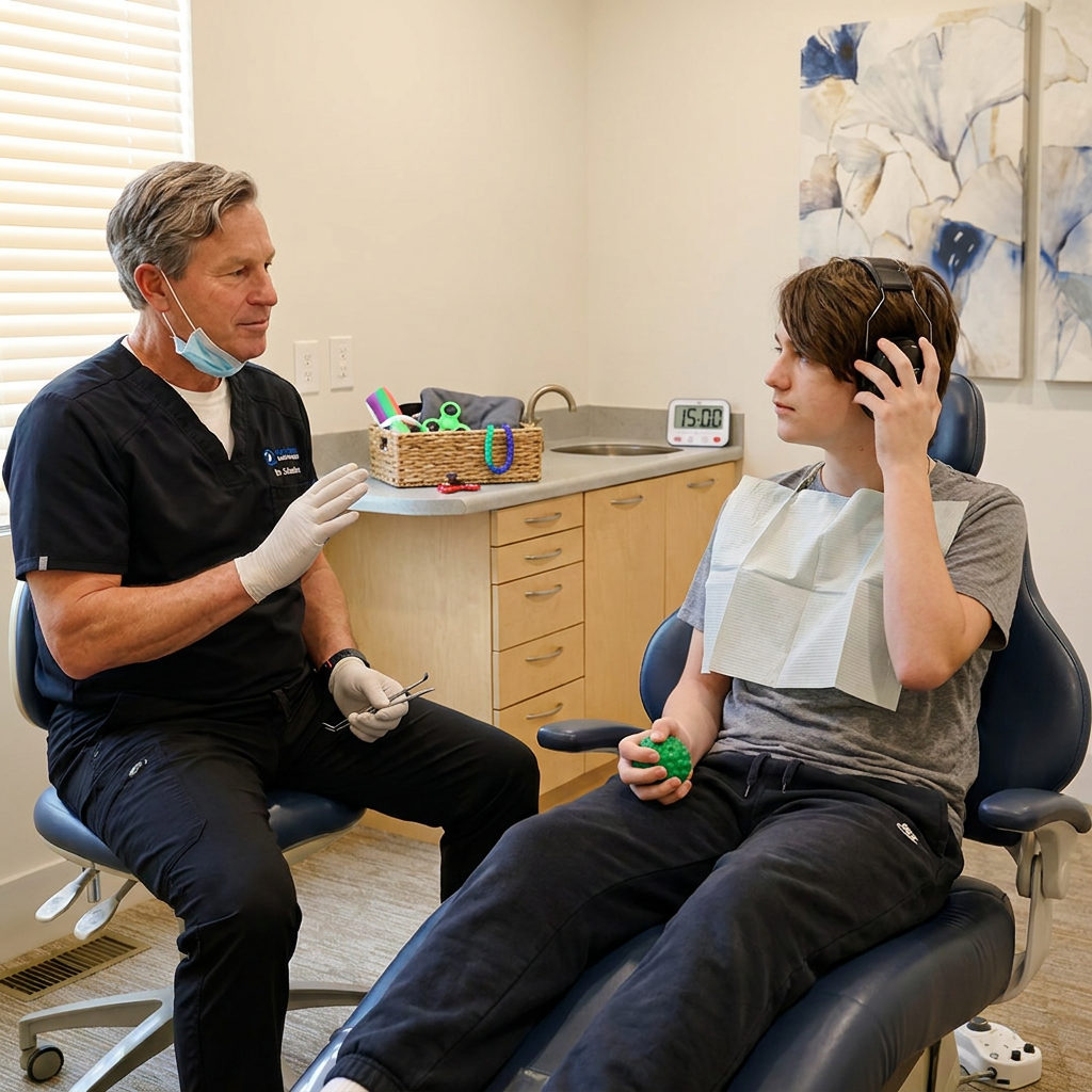 A Brighton dentist waits patiently as a patient uses a sensory item during a visit at Schaefer Dental Group.