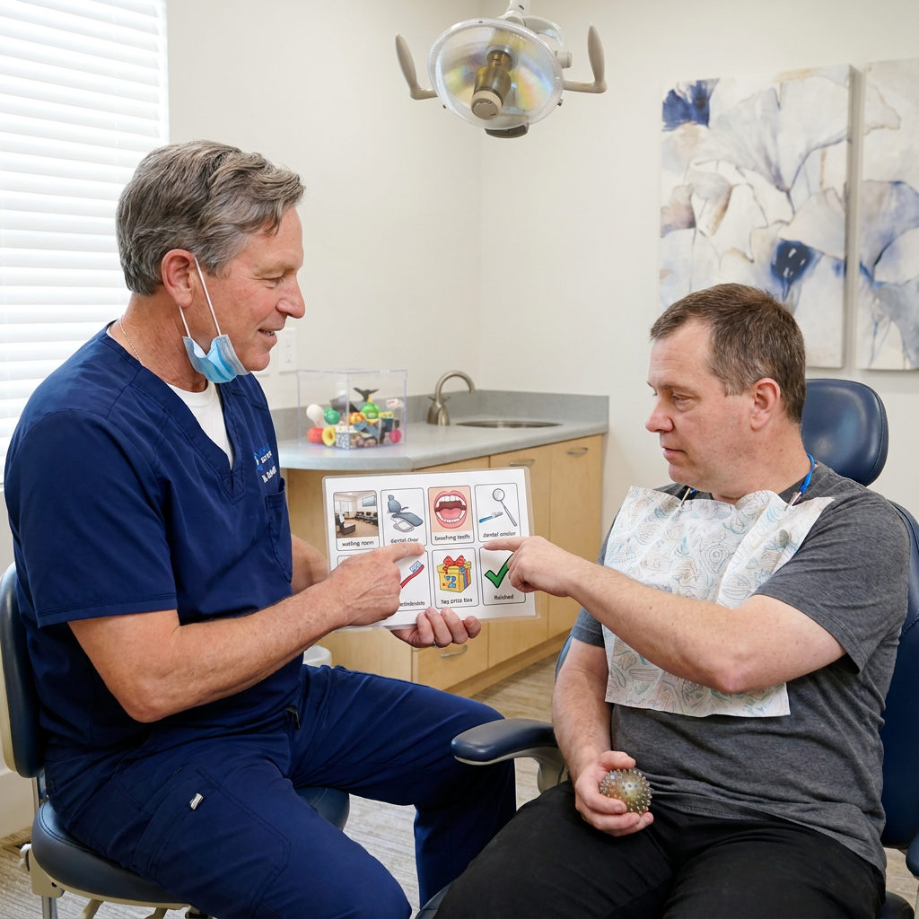 A Schaefer Dental Group dentist in Brighton reviews a visual picture schedule with a patient to explain appointment steps.