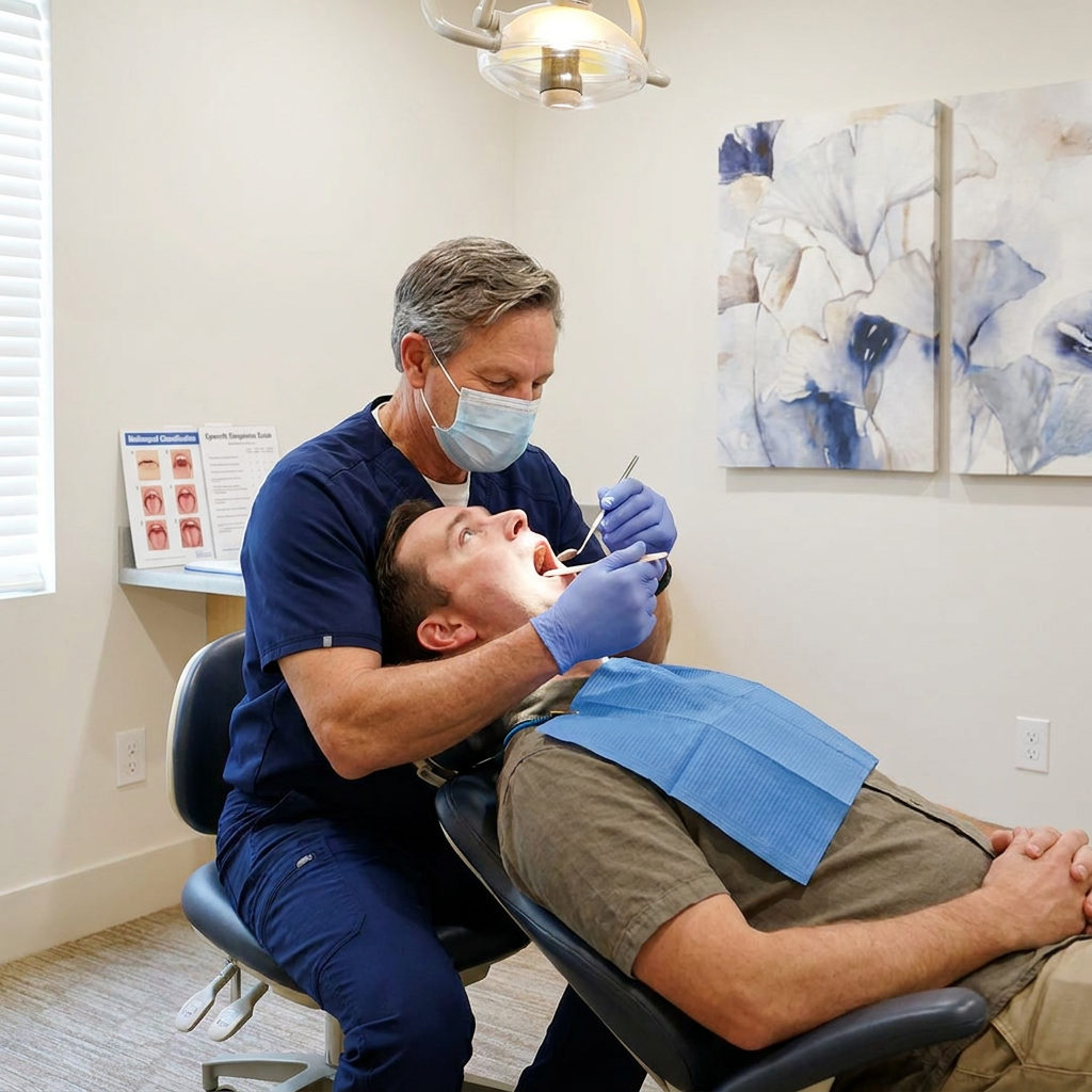 A Schaefer Dental Group dentist in Brighton evaluates a patient airway for sleep apnea risk using a mirror and depressor.