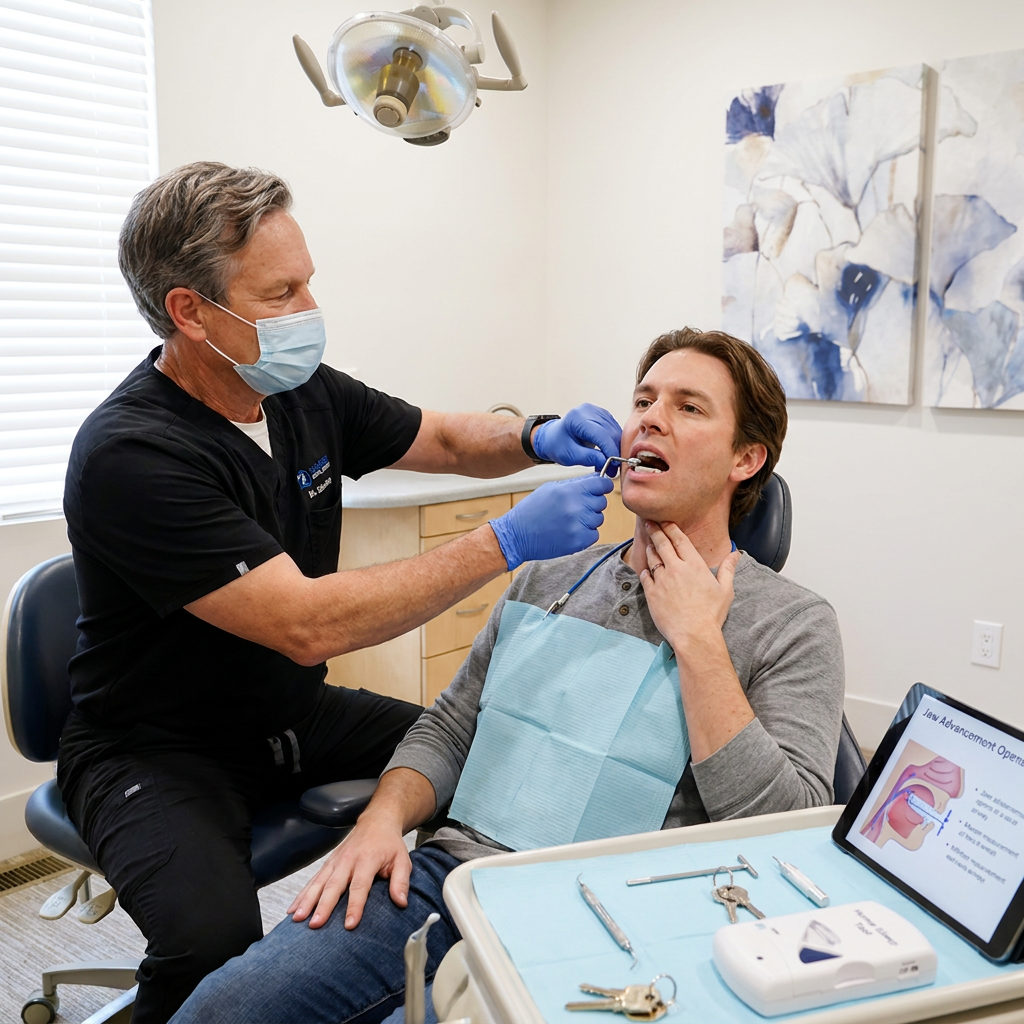 A Brighton dentist at Schaefer Dental Group adjusts a mandibular advancement device for a patient to treat sleep apnea.