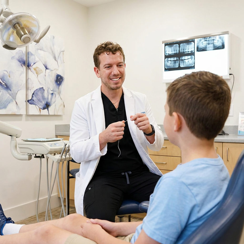 A smiling dentist provides one on one oral hygiene education to a young patient in Brighton.