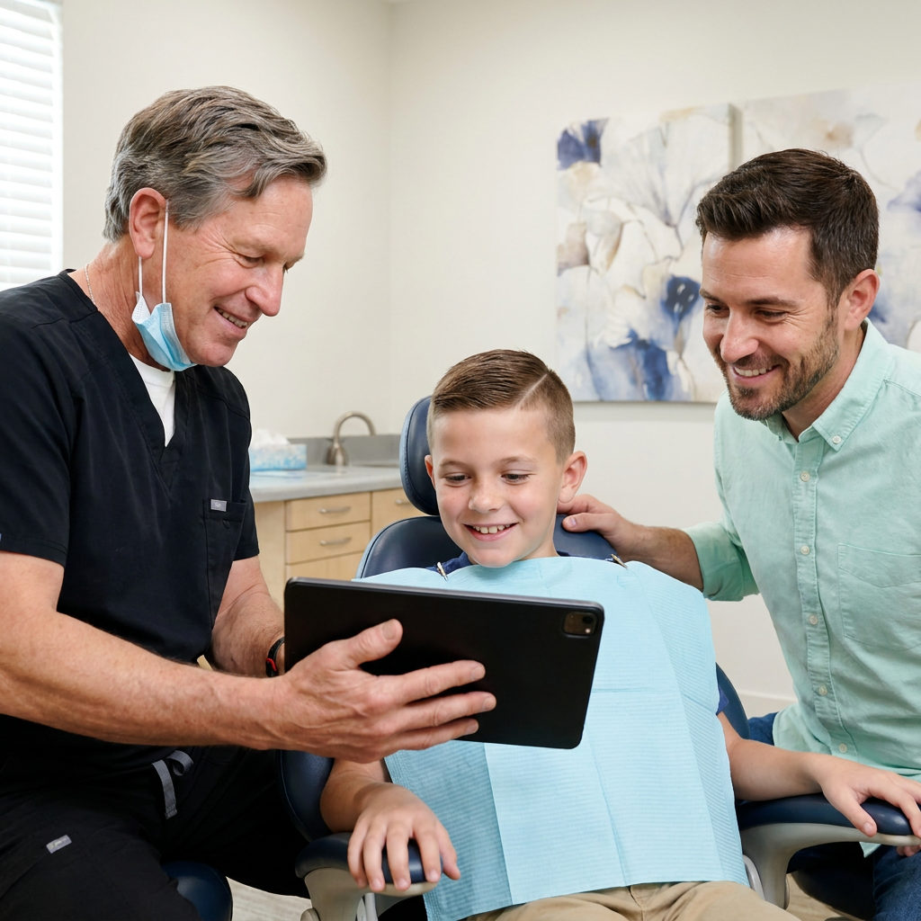 A dentist, father, and son look at a tablet together during a pediatric visit at Schaefer Dental Group.