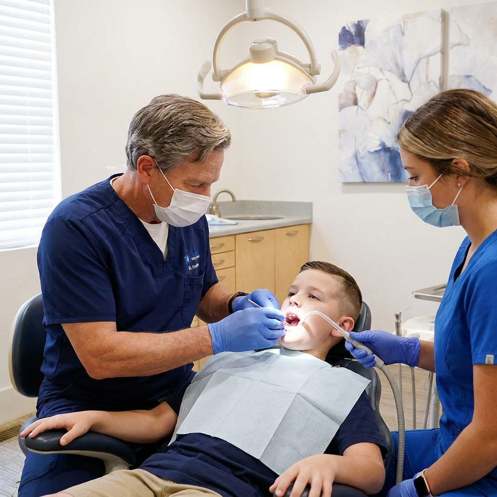 A dentist and assistant perform a procedure for a young boy at Schaefer Dental Group in Brighton.