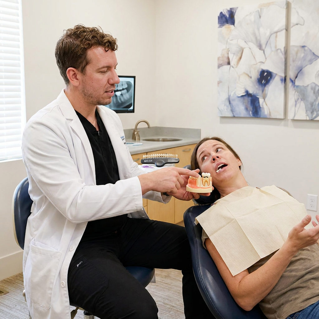 A Schaefer Dental Group dentist in Brighton uses a molar model to explain the benefits of an onlay to a patient.