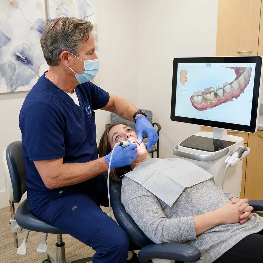 A Schaefer Dental Group dentist uses an intraoral scanner to create a 3D tooth model for a patient in Brighton.