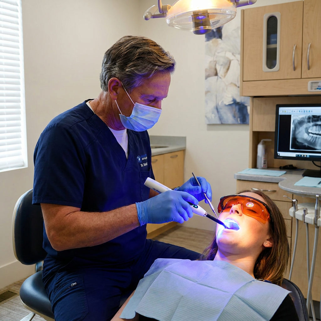 A Brighton dentist at Schaefer Dental Group uses a blue LED light to bond a ceramic inlay for a patient in orange glasses.