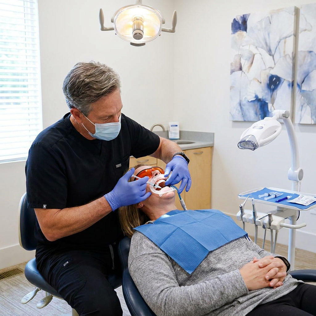 A Brighton dentist at Schaefer Dental Group applies a protective gum dam for a patient during a whitening treatment.