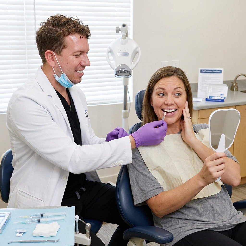 A Brighton dentist compares a dark shade tab to a patient's brightened teeth at Schaefer Dental Group.