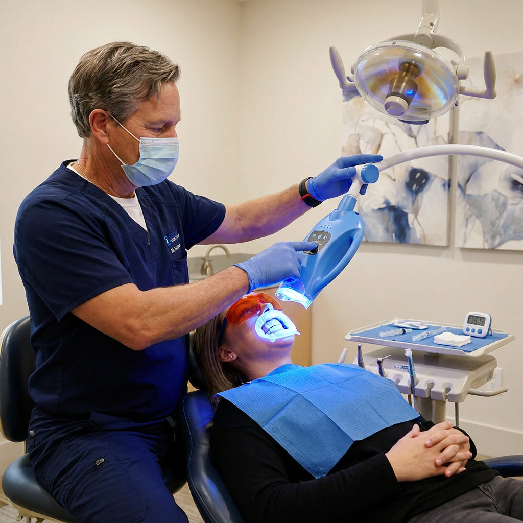 A dentist at Schaefer Dental Group in Brighton aligns a blue whitening lamp over a reclined patient wearing orange eyewear.
