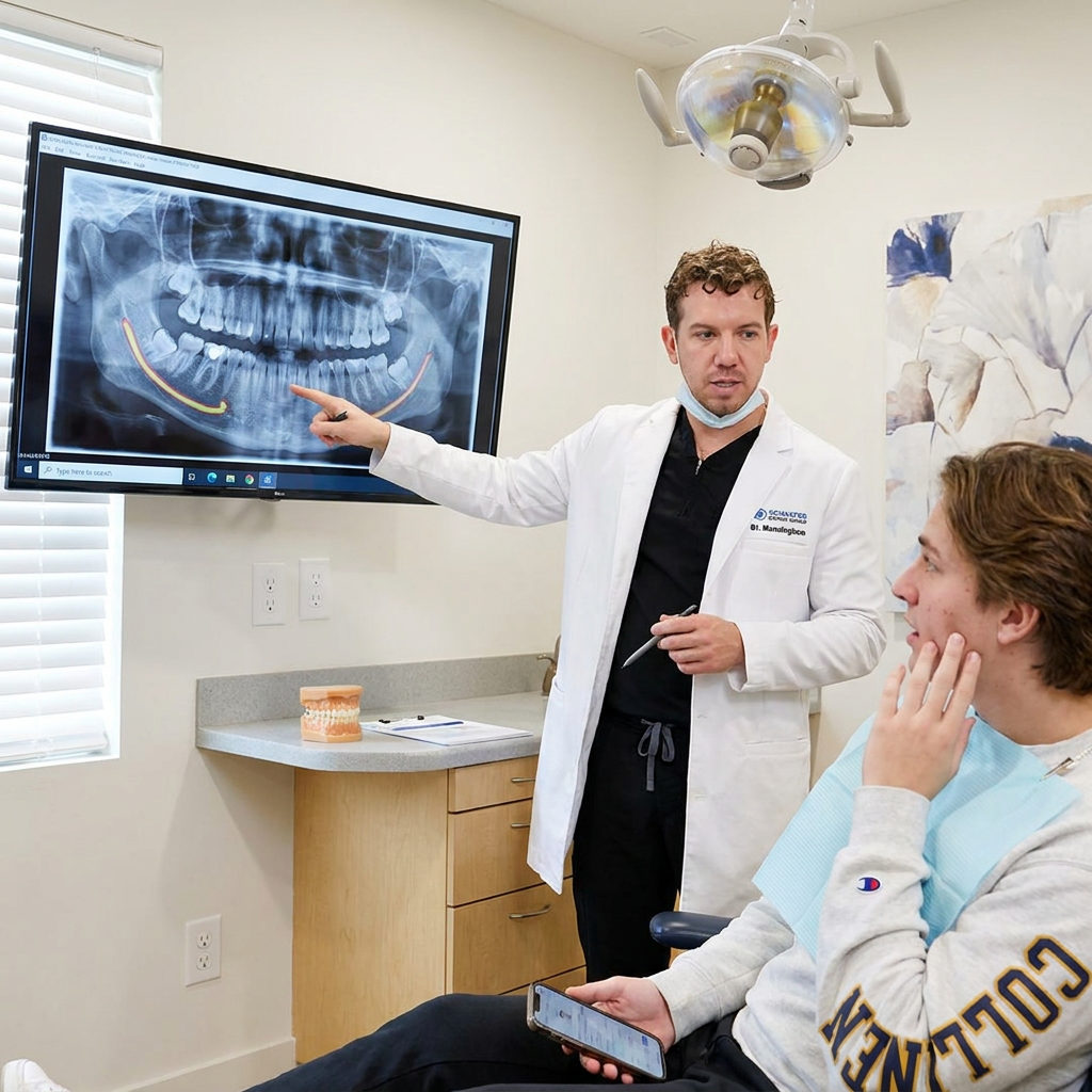 A Brighton dentist explains an impacted wisdom tooth x-ray to a patient at Schaefer Dental Group.