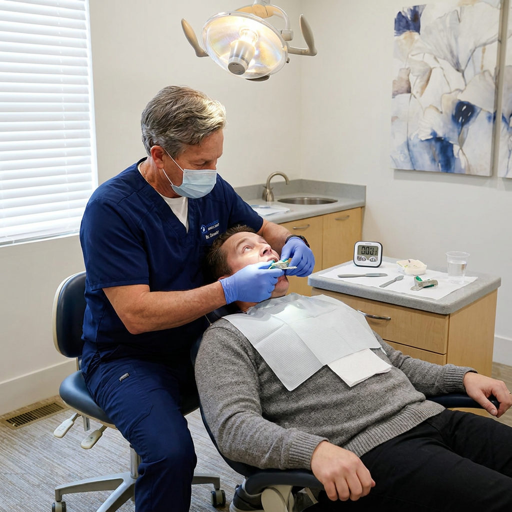 A dentist at Schaefer Dental Group in Brighton steadies a dental impression tray for a patient to create a custom mold.