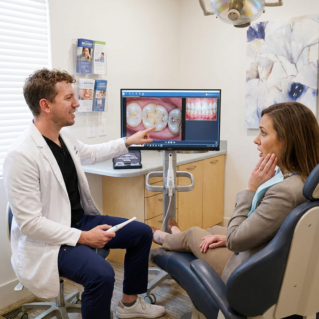 A dentist at Schaefer Dental Group in Brighton shows a patient tooth wear on a screen to discuss night guard options.