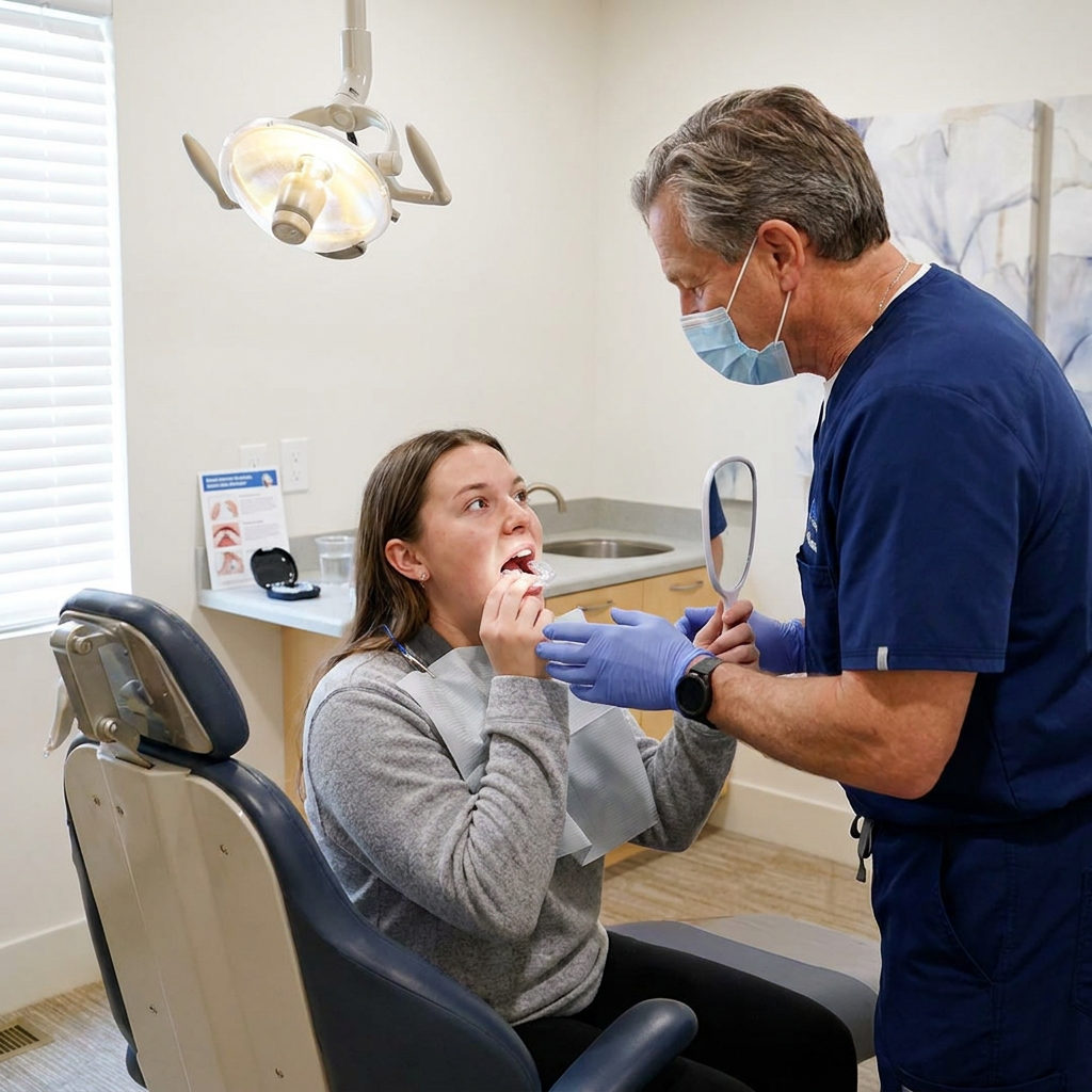 A Schaefer Dental Group dentist in Brighton shows a patient how to fit a custom night guard using a handheld mirror.