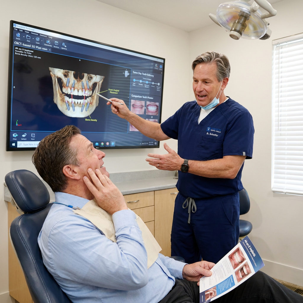 A Brighton dentist shows a 3D dental implant plan to a patient on a screen at Schaefer Dental Group.