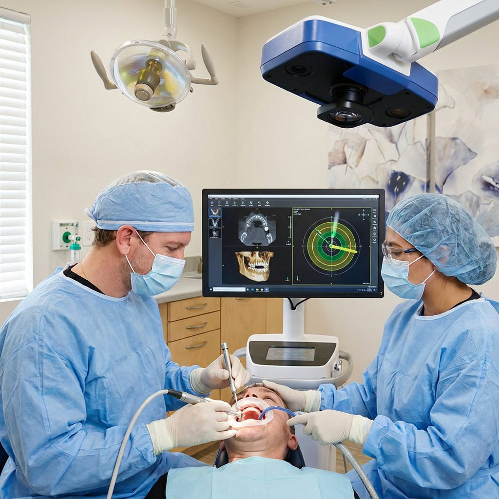 A dentist at Schaefer Dental Group in Brighton uses 3D navigation software for guided dental implant surgery.