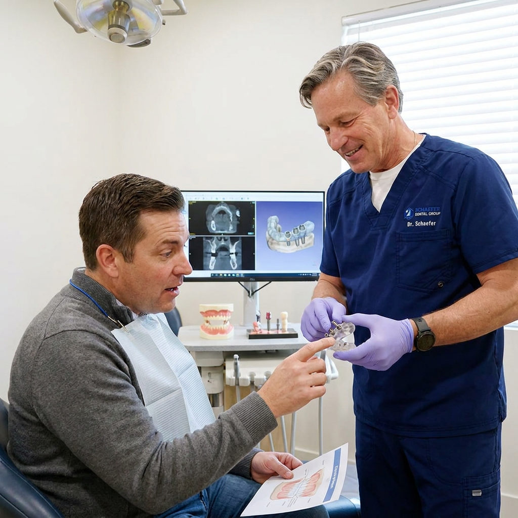 A Schaefer Dental Group dentist in Brighton shows a patient a 3D-printed surgical guide and digital implant plan.