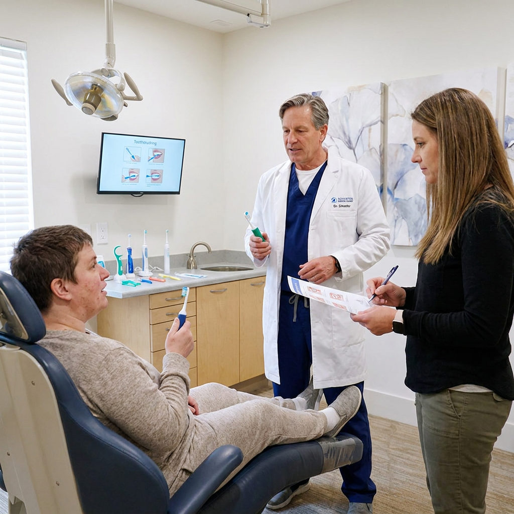 A Schaefer Dental Group dentist in Brighton shows a patient and caregiver how to use an adaptive toothbrush after an exam.