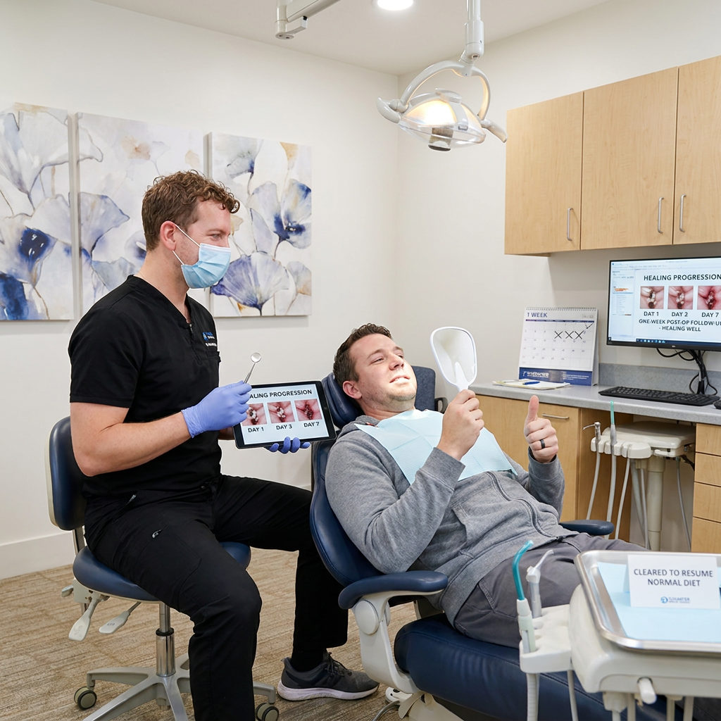 A Brighton dentist at Schaefer Dental Group uses a tablet to show a patient their healing progress after a tooth extraction.