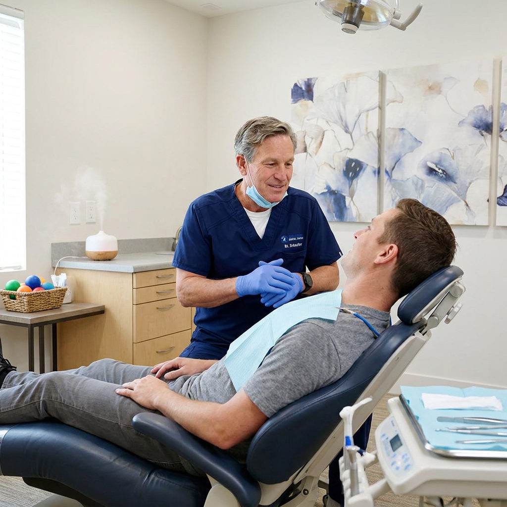 A dentist at Schaefer Dental Group in Brighton comforts a reclined patient before a wisdom tooth procedure.