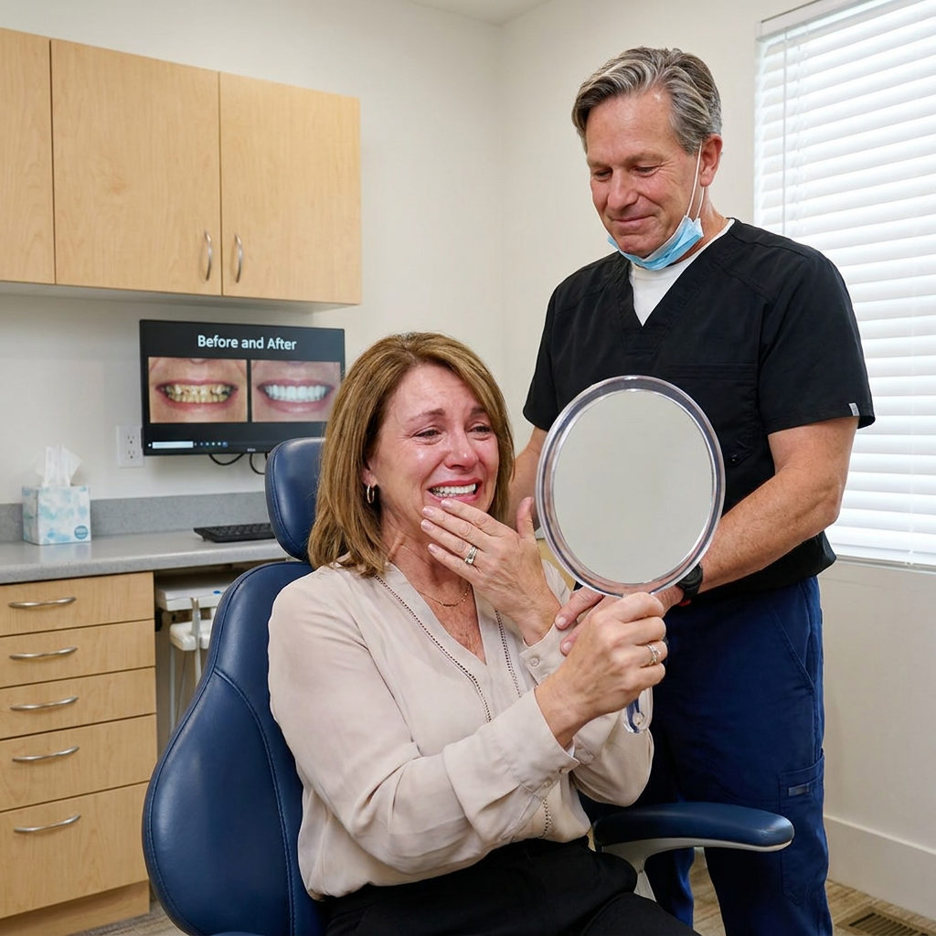 A Brighton patient views their full-mouth reconstruction in a mirror held by a Schaefer Dental Group dentist.