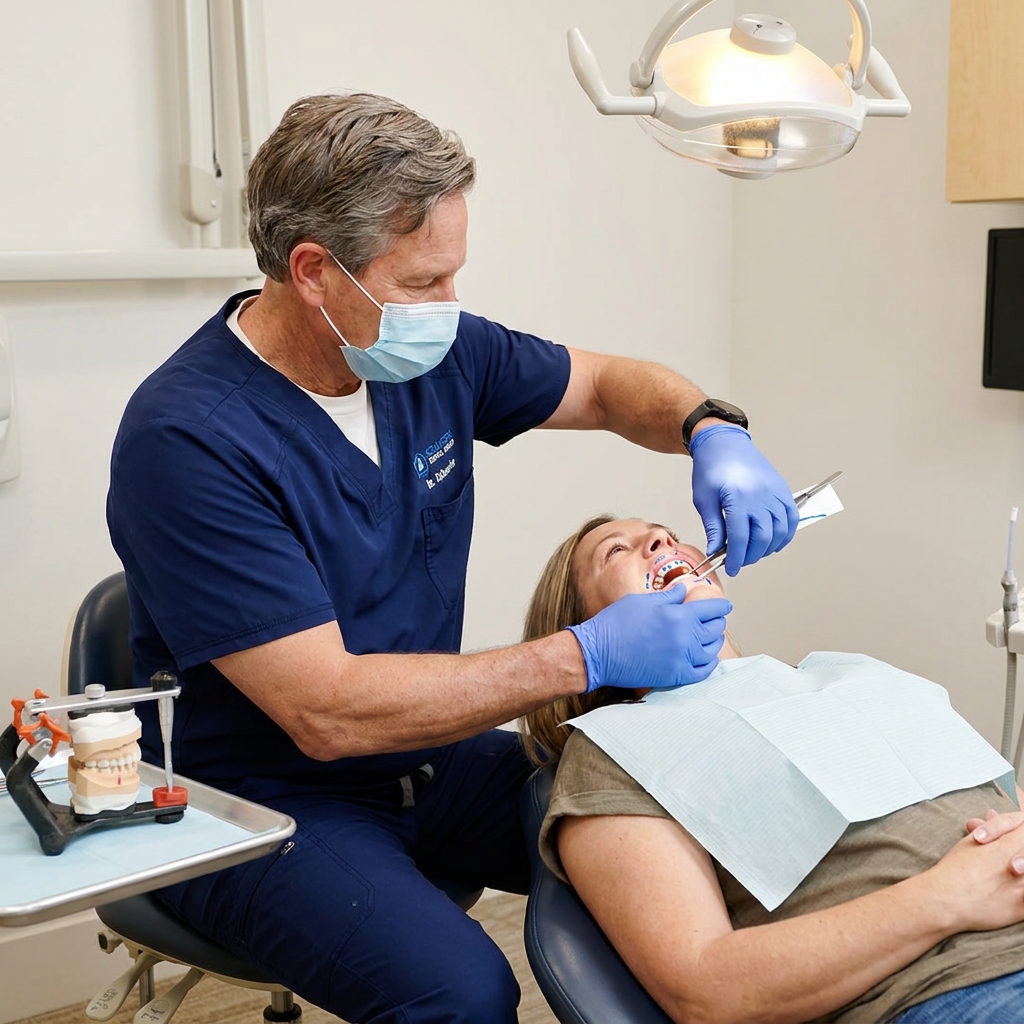 A Brighton dentist at Schaefer Dental Group performs a bite analysis during a full-mouth reconstruction for a patient.
