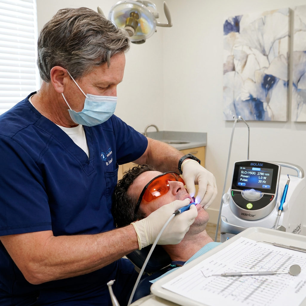A dentist at Schaefer Dental Group in Brighton uses a Waterlase dental laser on a patient during gum disease treatment.