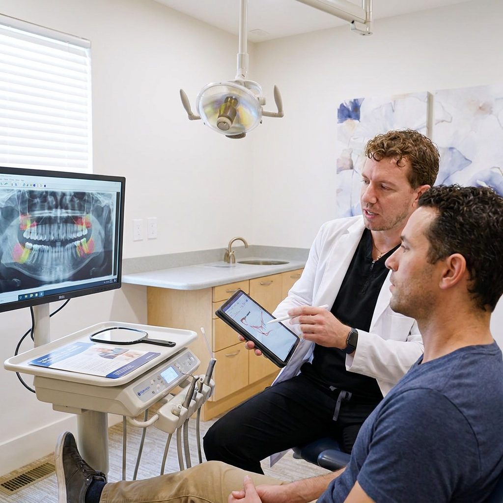 A dentist at Schaefer Dental Group in Brighton reviews a digital X-ray with a patient to discuss gum disease treatment.