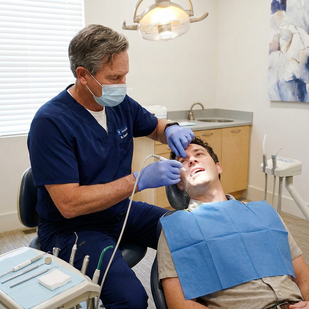 A dentist at Schaefer Dental Group in Brighton performs periodontal scaling on a patient using an ultrasonic scaler.