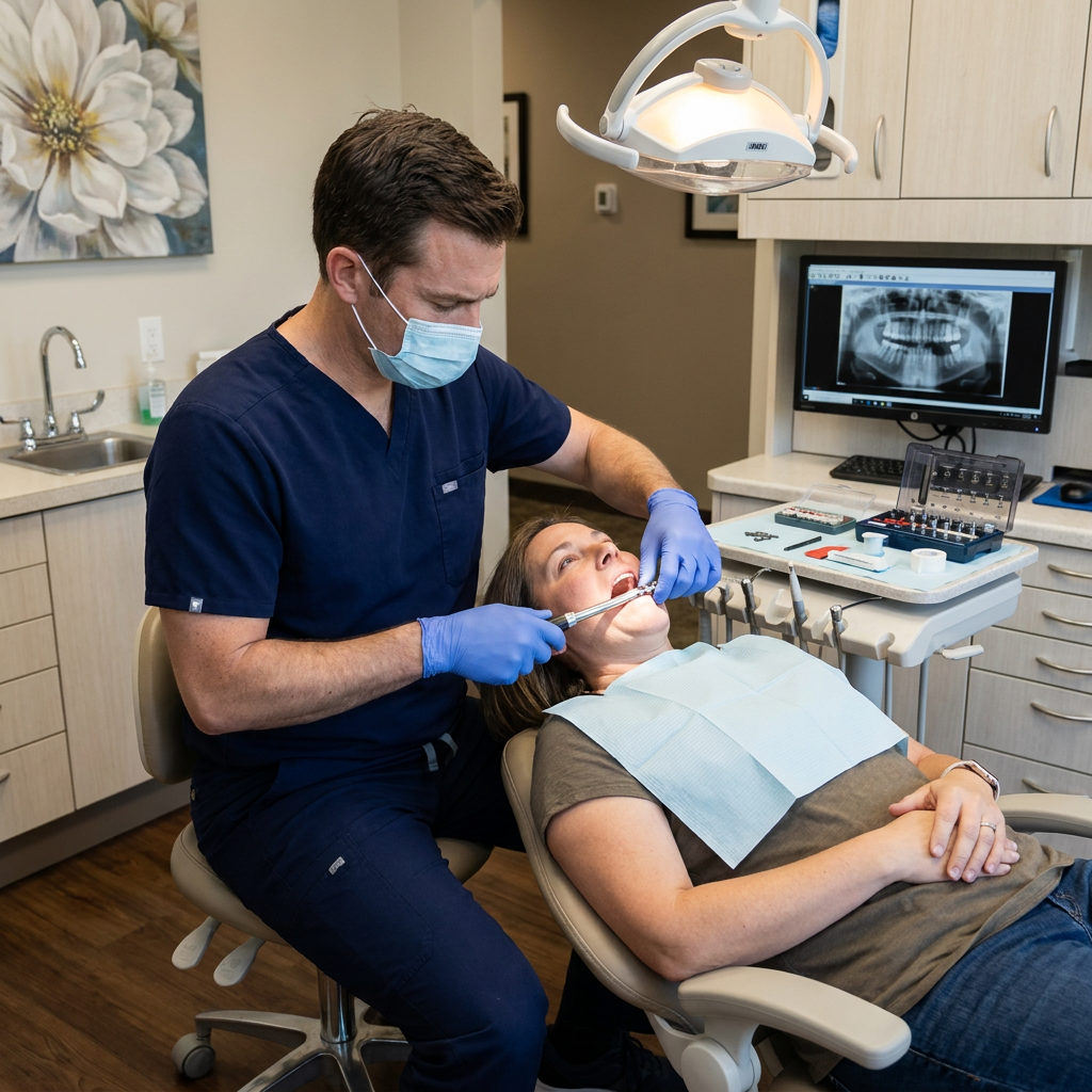 A Schaefer Dental Group dentist in Brighton secures a fixed bridge for a patient using a professional torque wrench.