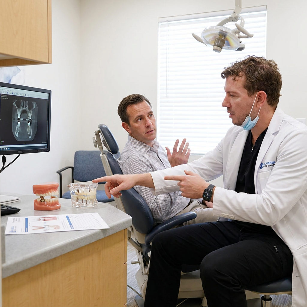 A dentist at Schaefer Dental Group in Brighton explains implant bridge models to a patient during a consultation.